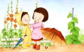 儿童节 可爱儿童插画壁纸 穿雨衣 韩国卡通儿童插画 儿童节可爱儿童插画壁纸 插画壁纸