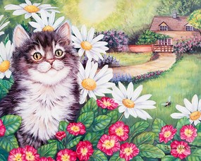 Jane Maday 手绘小猫咪壁纸 花园里的小猫图片  Jane Maday 手绘猫咪壁纸 动物壁纸