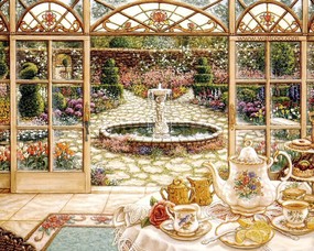 欢迎到我的花园来 Janet Kruskamp 绘画壁纸 日光浴室的下午茶 古典浪漫花园手绘壁纸 Janet Kruskamp 手绘《欢迎到我的花园来》 绘画壁纸