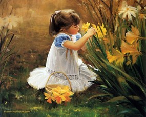 金色童年 二 法国画家 Donald Zolan 儿童水彩画集 给妈妈的花 可爱小女孩水彩画图片 金色童年-儿童水彩画壁纸(二) 绘画壁纸