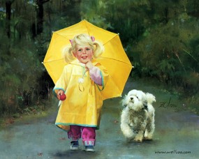 金色童年 二 法国画家 Donald Zolan 儿童水彩画集 雨天的伙伴 可爱小女孩水彩画图片 金色童年-儿童水彩画壁纸(二) 绘画壁纸