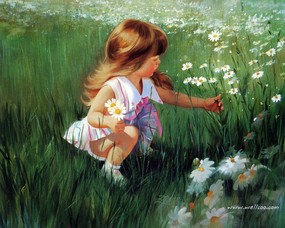 金色童年 二 法国画家 Donald Zolan 儿童水彩画集 摘菊花 可爱小女孩水彩画图片 金色童年-儿童水彩画壁纸(二) 绘画壁纸