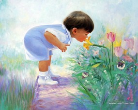 金色童年 二 法国画家 Donald Zolan 儿童水彩画集 闻闻花香 可爱儿童水彩画壁纸 金色童年-儿童水彩画壁纸(二) 绘画壁纸