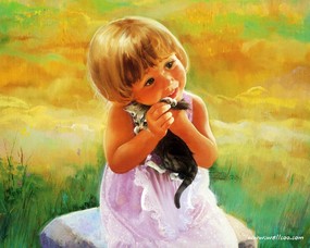 金色童年 二 法国画家 Donald Zolan 儿童水彩画集 我的猫咪 可爱小女孩水彩画壁纸 金色童年-儿童水彩画壁纸(二) 绘画壁纸