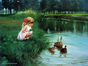 金色童年 二 法国画家 Donald Zolan 儿童水彩画集 河边的鸭子 儿童水彩画壁纸 金色童年-儿童水彩画壁纸(二) 绘画壁纸