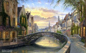  Reflection of Belgium Robert Finale 比利时温馨小镇风景油画 Robert Finale 浪漫写意油画作品 绘画壁纸