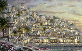  milos villas in Greece Robert Finale 浪漫希腊小镇油画 Robert Finale 浪漫写意油画作品 绘画壁纸