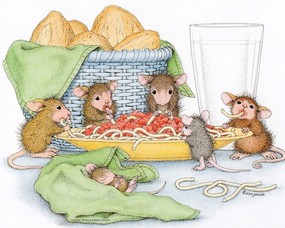 美味意大利面 可爱小老鼠插画壁纸 鼠鼠一家-温馨小老鼠插画壁纸 绘画壁纸