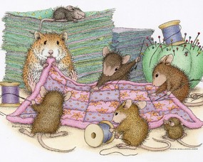  针线活 可爱小老鼠插画壁纸 鼠鼠一家-温馨小老鼠插画壁纸 绘画壁纸