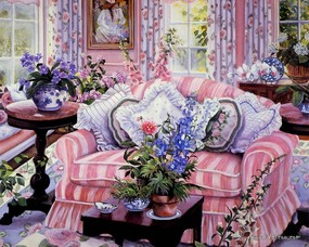  粉红梦幻的客厅 Susan Rios 绘画作品 Susan Rios 绘画-浪漫花园与温馨的家 绘画壁纸