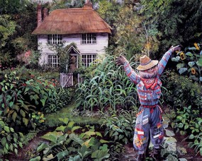 后院的稻草人 Susan Rios 浪漫油画 Susan Rios 绘画-浪漫花园与温馨的家 绘画壁纸