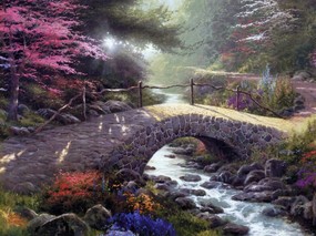  Along the Lighted Path 田园风景油画壁纸 Thomas Kinkade 温馨田园风景油画系列(第一辑) 绘画壁纸