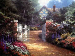  Beyond the garden gate 田园风景油画壁纸 Thomas Kinkade 温馨田园风景油画系列(第一辑) 绘画壁纸
