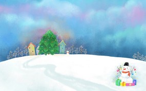 可爱温馨圣诞插画壁纸 圣诞树和雪人壁纸 可爱温馨圣诞壁纸 节日壁纸
