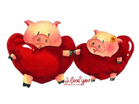 情人节主题  猪猪情侣 情人节手绘插画壁纸 情人节卡通插画 节日壁纸