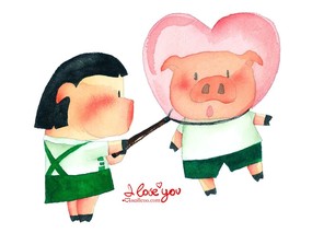 情人节主题  猪猪情侣 情人节卡通手绘壁纸 情人节卡通插画 节日壁纸