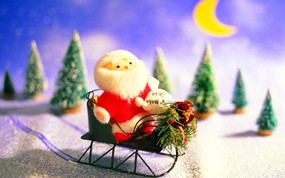  圣诞老人和雪橇玩偶壁纸 圣诞新年装饰壁纸 节日壁纸